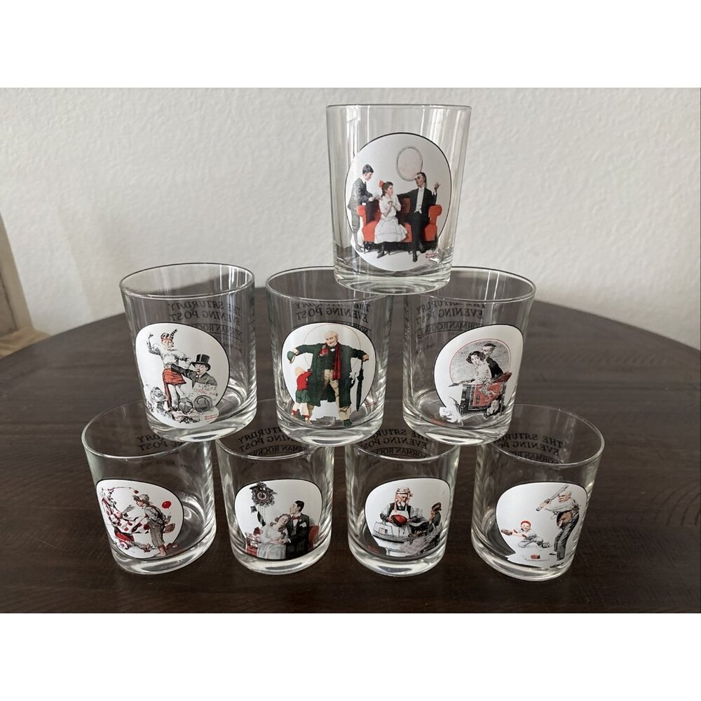 8-Piece Set-The Saturday Evening Post Norman Rockwell Highball Whiskey Glasses